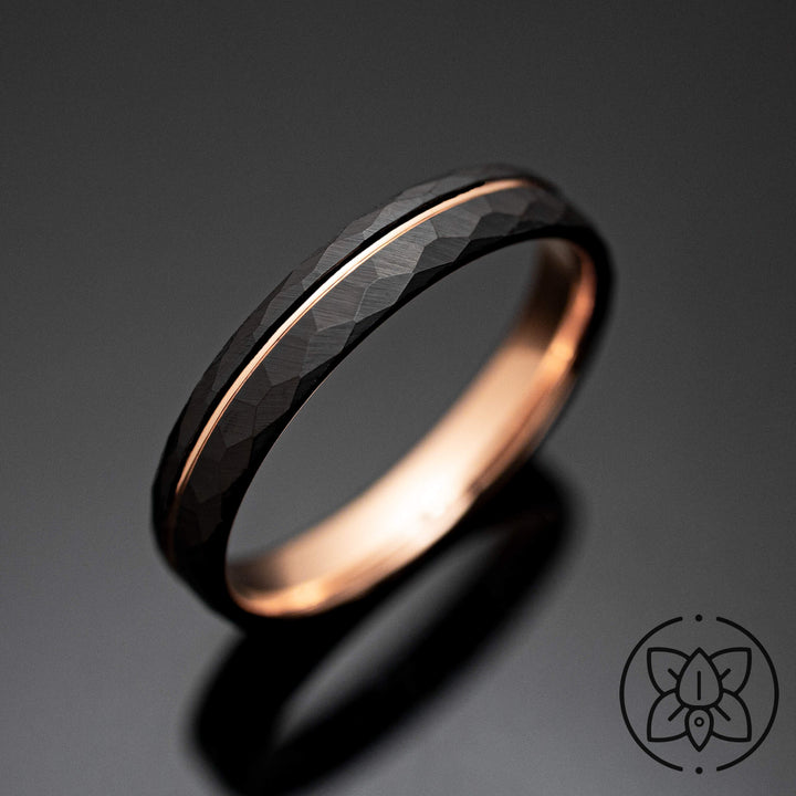 Black Hammered Rose Gold Obsidian Tungsten Wedding Band - in 4mm Width