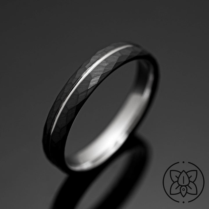 Black Hammered Silver Obsidian Tungsten Wedding Band - in 4mm Width