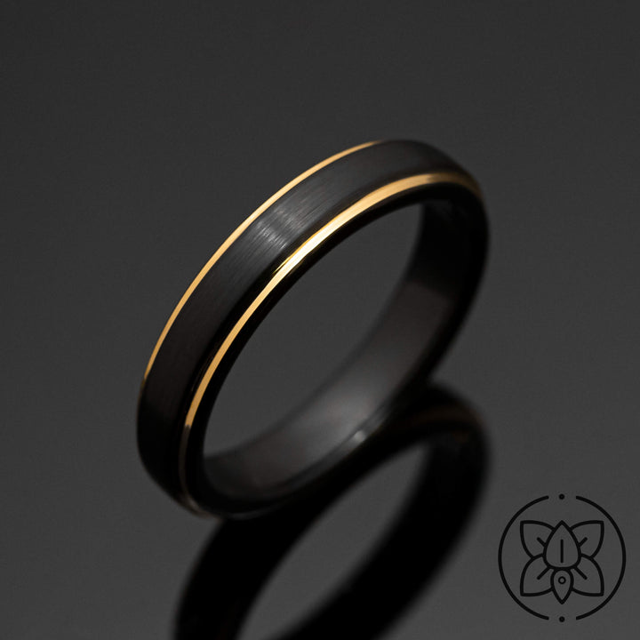 Black 4mm Obsidian Gold Tungsten Carbide Ring, Black Wedding Bands for her, 4mm width ring, Wedding Ring Gift