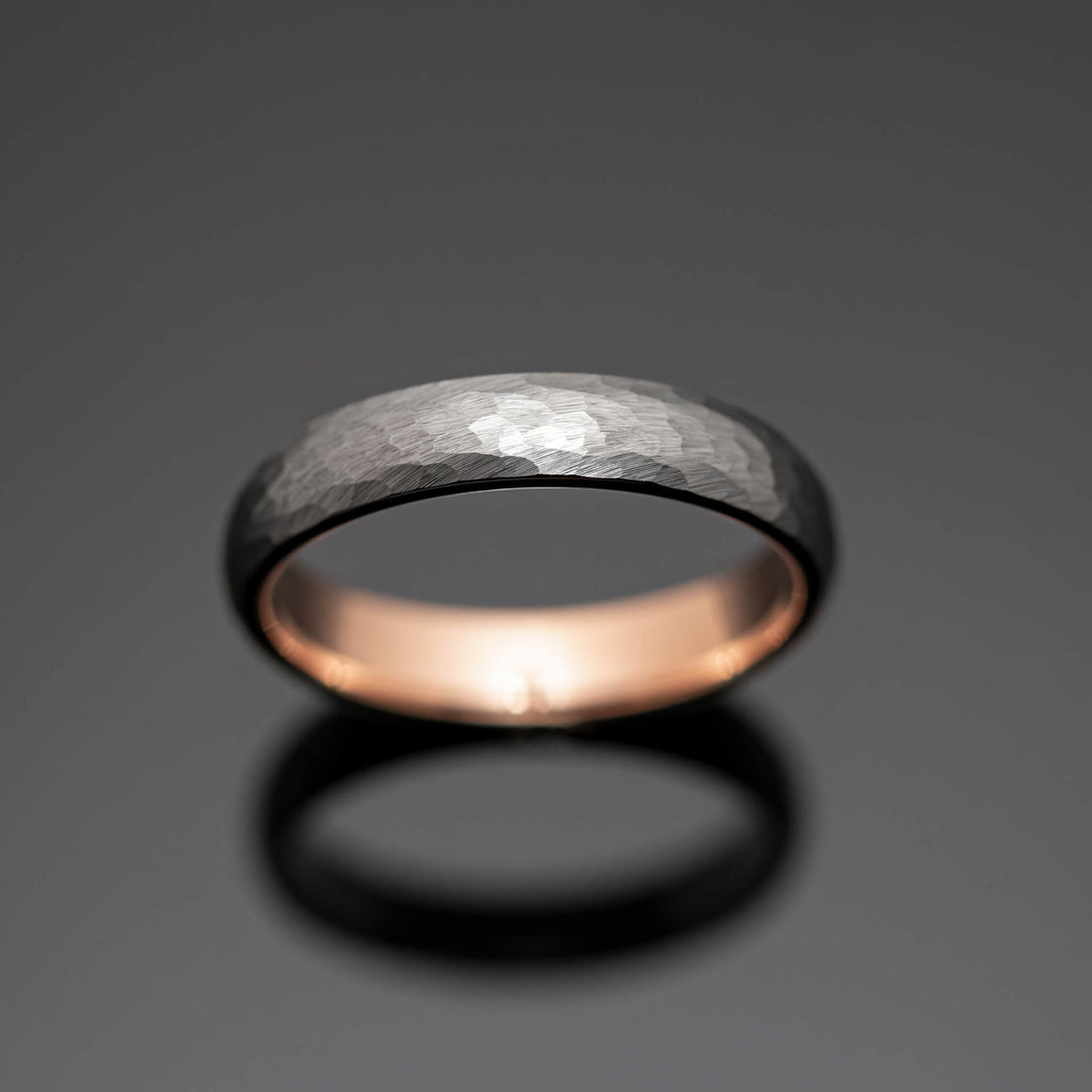 Silver Hammered Rose Gold Tungsten Ring - in 4mm Width