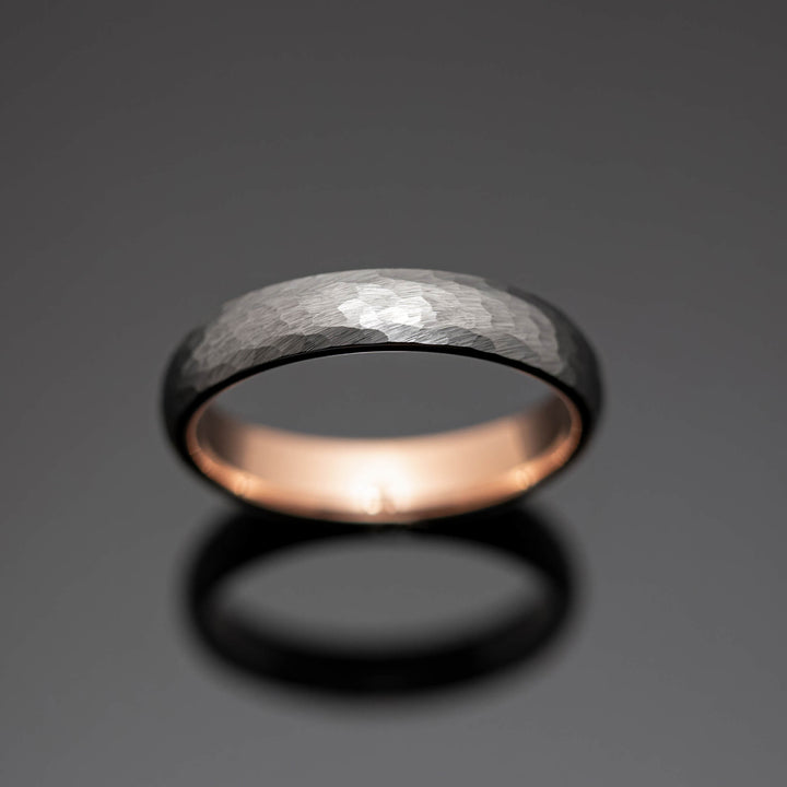 Silver Hammered Rose Gold Tungsten Ring - in 4mm Width