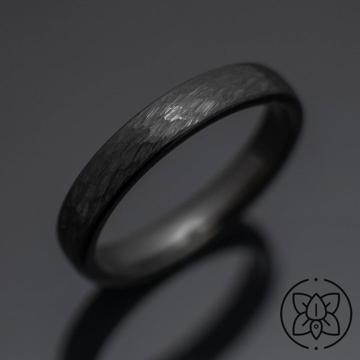 Black Obsidian Hammered Tungsten Wedding Band - in 4mm Width