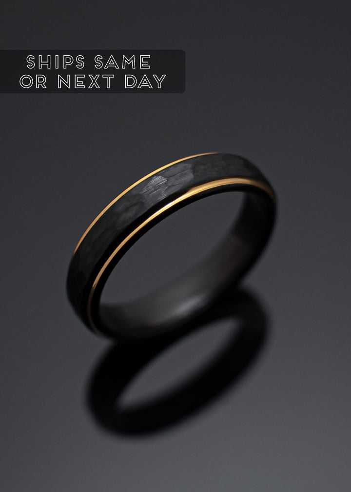 Black Obsidian Hammered Gold Tungsten Carbide Ring - in 5mm Width