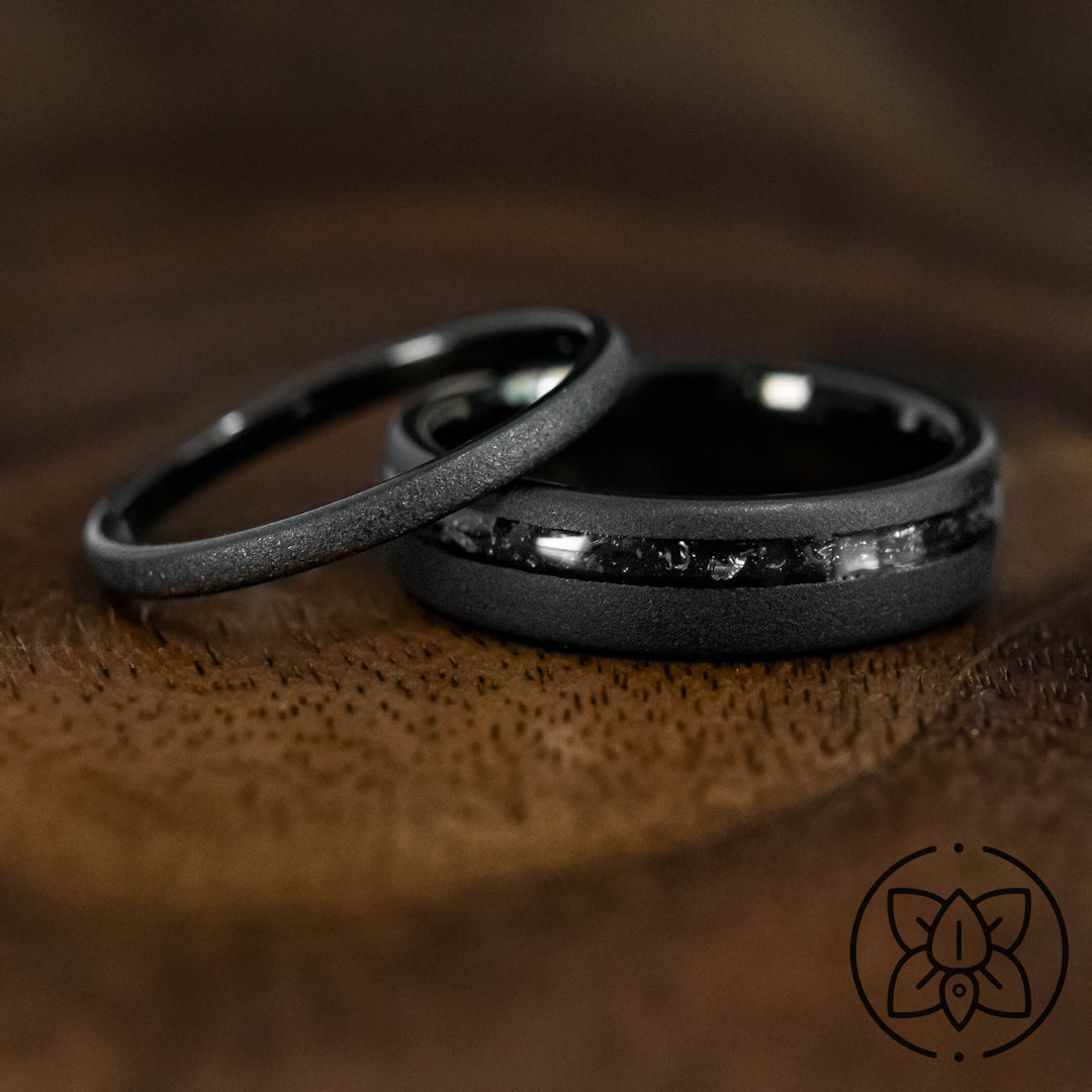 Black Meteorite Sandblasted Wedding Band Set His and Hers 2mm/6mm Bands