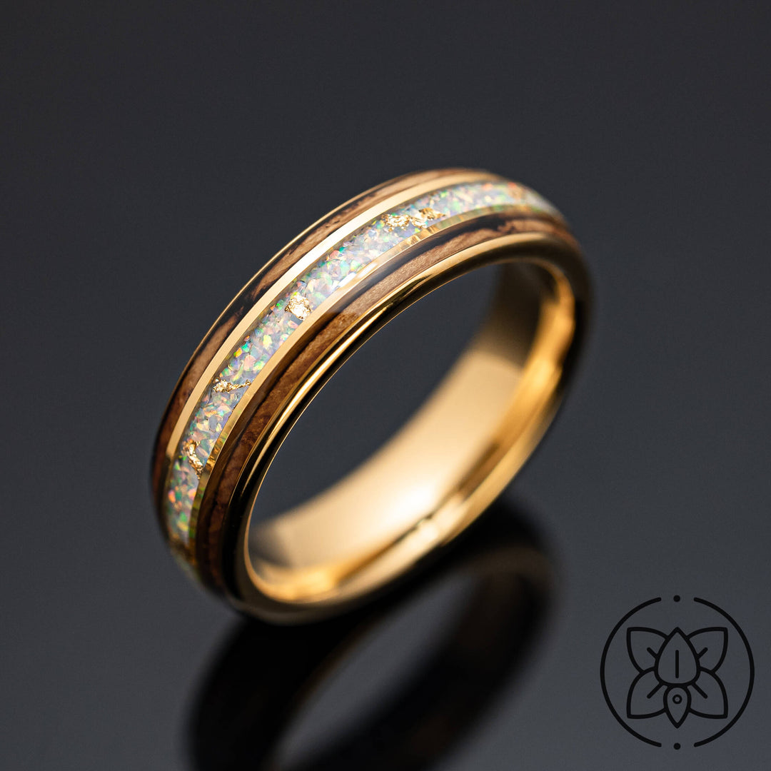 18k Gold Leaf White Opal Whiskey Barrel Tungsten Wedding Ring - in 6mm Width