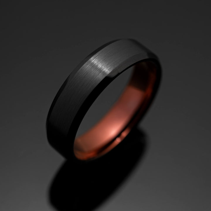 Black Obsidian Brushed Tungsten Wedding Band with Red Inlay - in 6mm Width