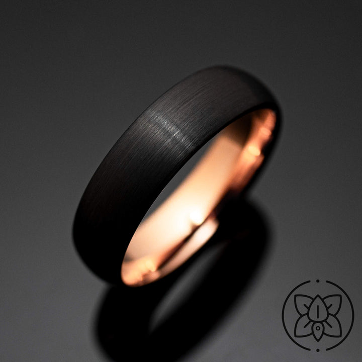 Black Brushed with Rose Gold Inlay Tungsten Wedding Ring - in 6mm Width