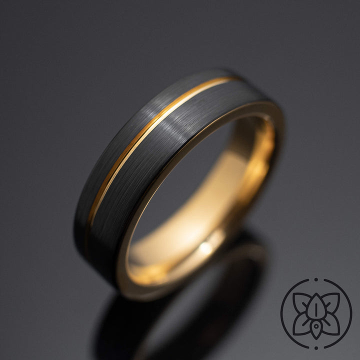 Black Gold Obsidian Tungsten Wedding Band, Brushed - in 6mm Width