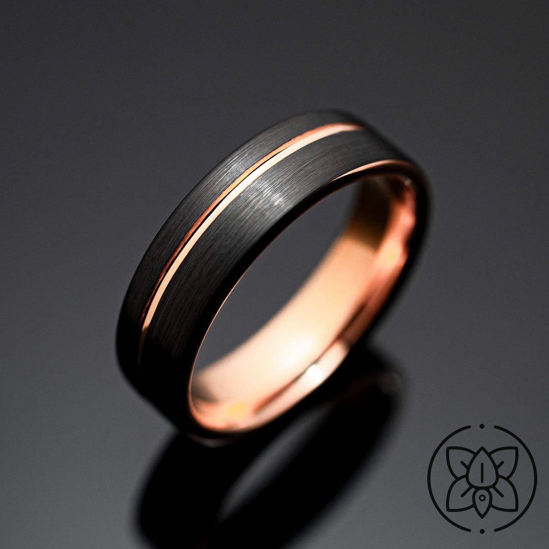 Black Brushed Rose Gold Obsidian Tungsten Wedding Band in 6mm Width