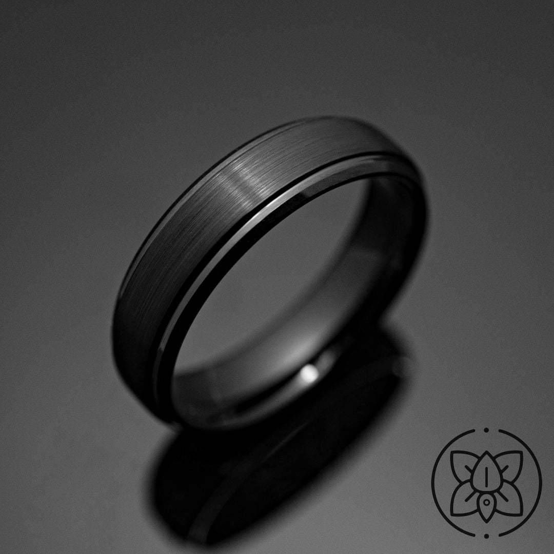 Black Obsidian Style Tungsten Ridged Wedding Ring - in 6mm Width