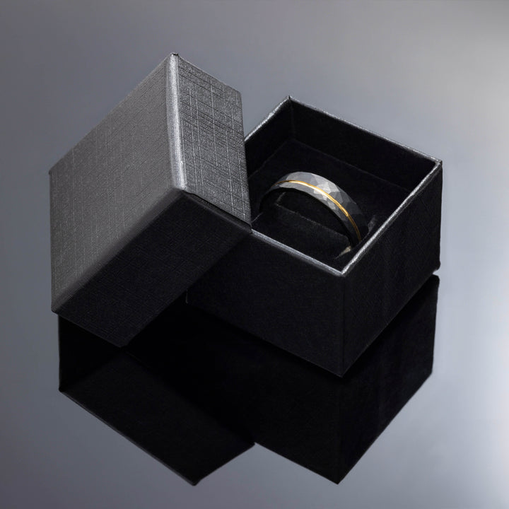 Black Hammered Gold Obsidian Tungsten Wedding Band - in 6mm Width