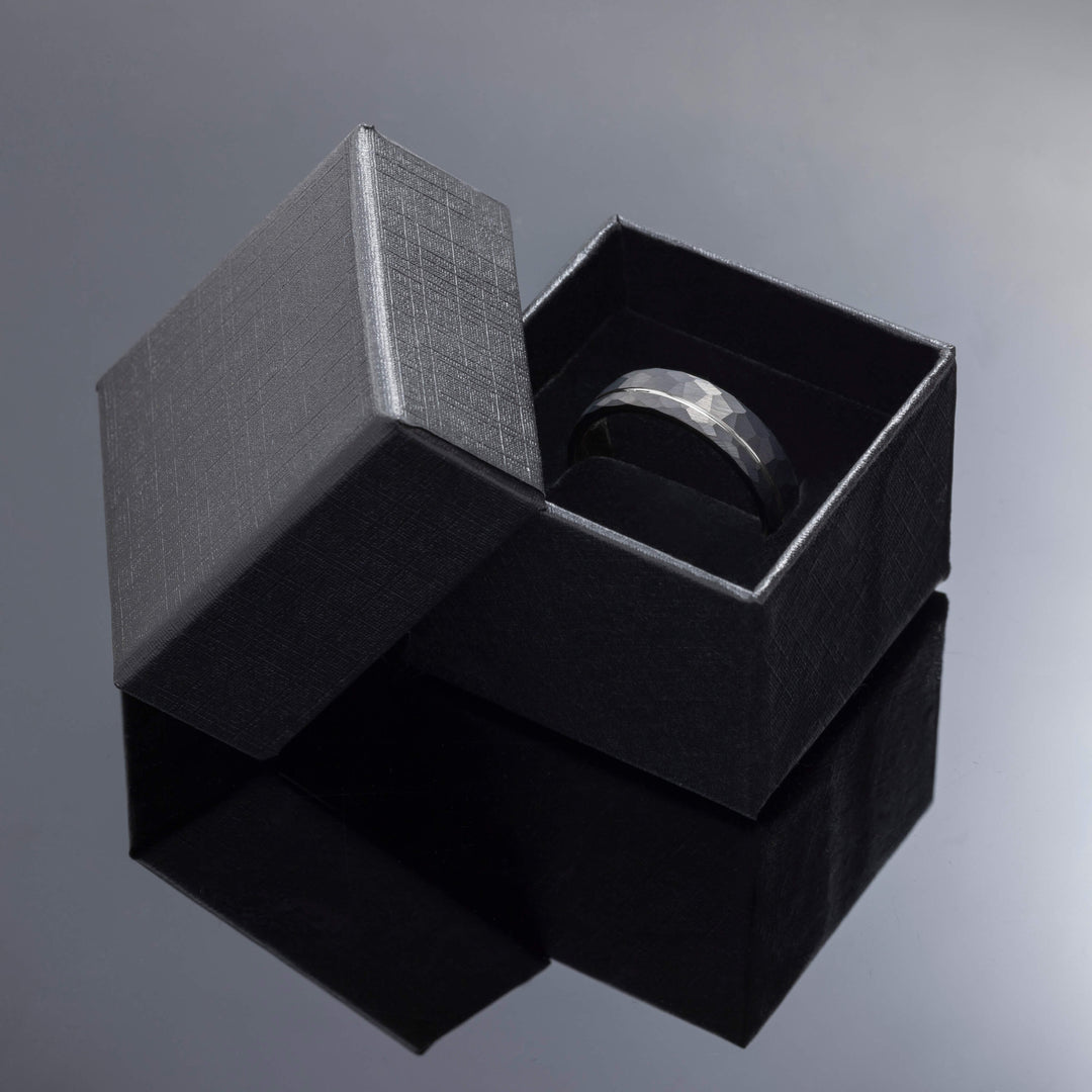 Black Hammered Silver Obsidian Tungsten Wedding Band - in 4mm Width