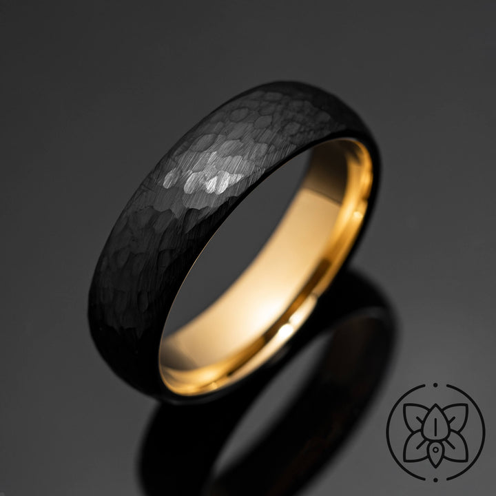 Black Obsidian Gold Hammered Tungsten Wedding Band Ring - in 6mm Width