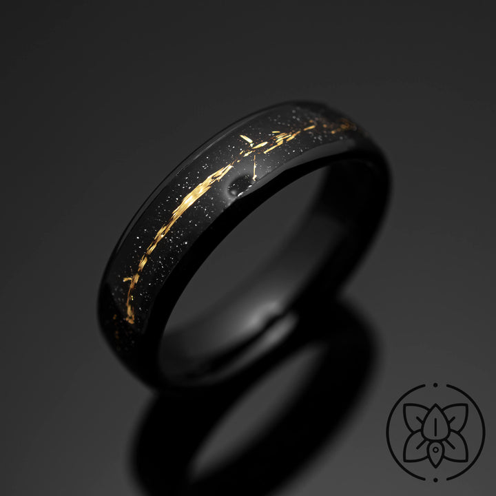 Black Gold Leaf Inlay, Obsidian-Style Tungsten Wedding Band - in 6mm Width