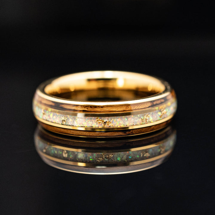 18k Gold Leaf White Opal Whiskey Barrel Tungsten Wedding Ring - in 6mm Width