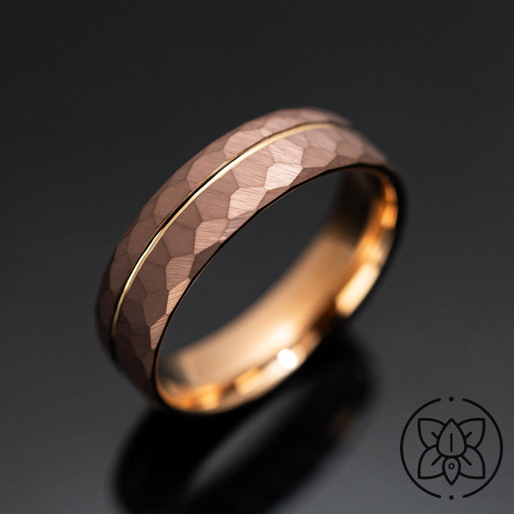 Coffee Bronze Hammered Rose Gold Tungsten Wedding Band - in 6mm Width