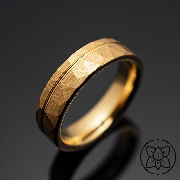 Gold Hammered Strip Wedding Ring - in 6mm Width