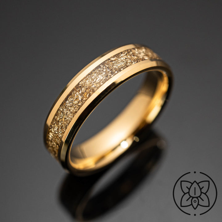 Gold 18k Gold Leaf Tungsten Wedding Band Ring - in 6mm Width