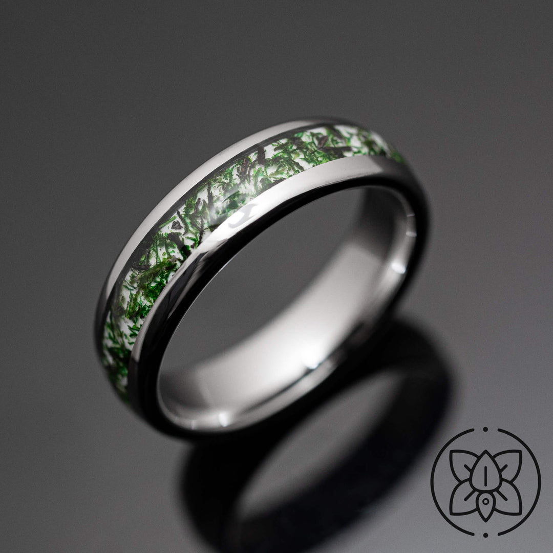 Moss Agate Silver Tungsten Wedding Ring - in 6mm Width