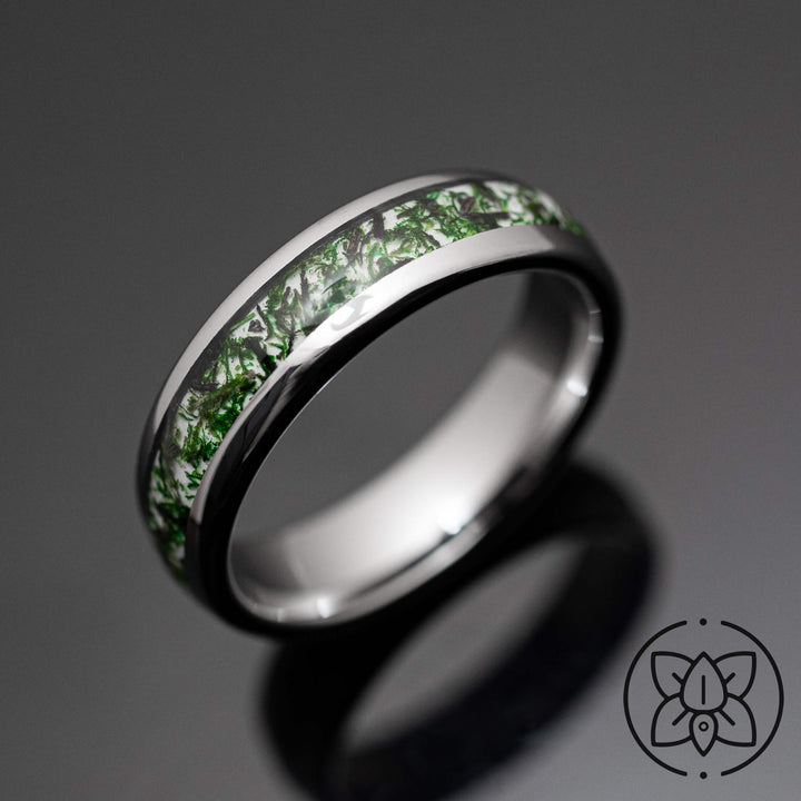 Moss Agate Silver Tungsten Wedding Ring - in 6mm Width