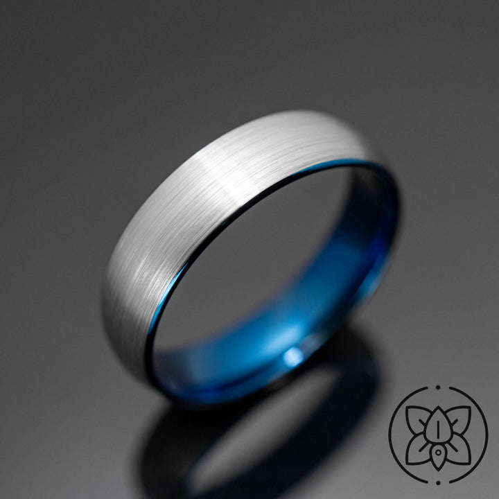 Silver Brushed Tungsten Wedding Ring with Blue inlay - in 6mm Width