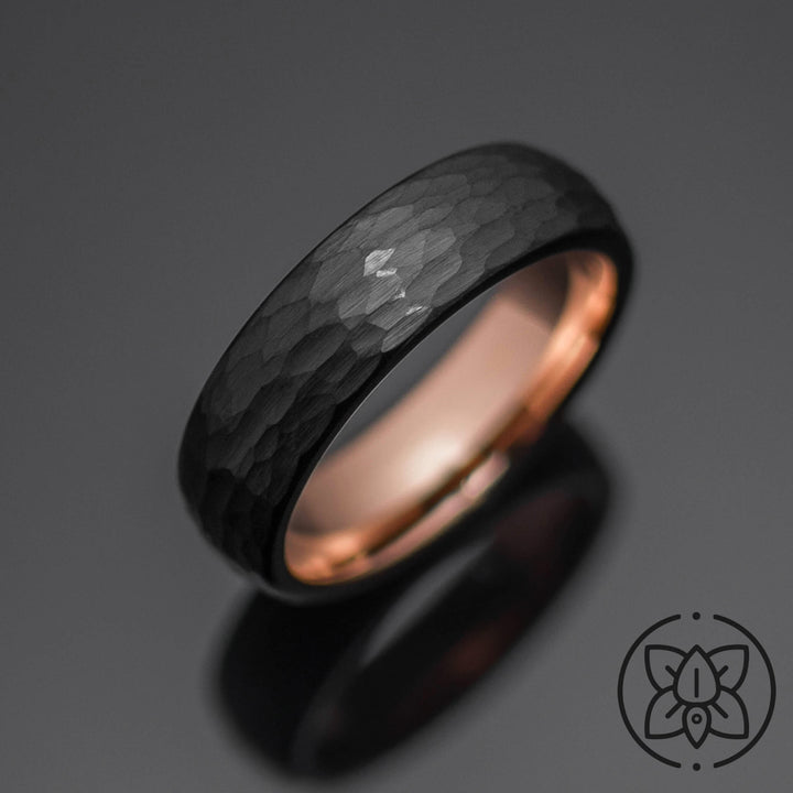 Hammered Black Rose Gold Obsidian Tungsten Carbide Wedding Band - in 6mm Width