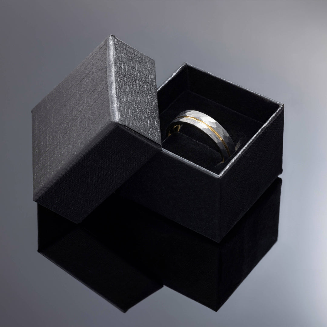 Silver Hammered Gold Strip Inlay Tungsten Wedding Band - in 6mm Width