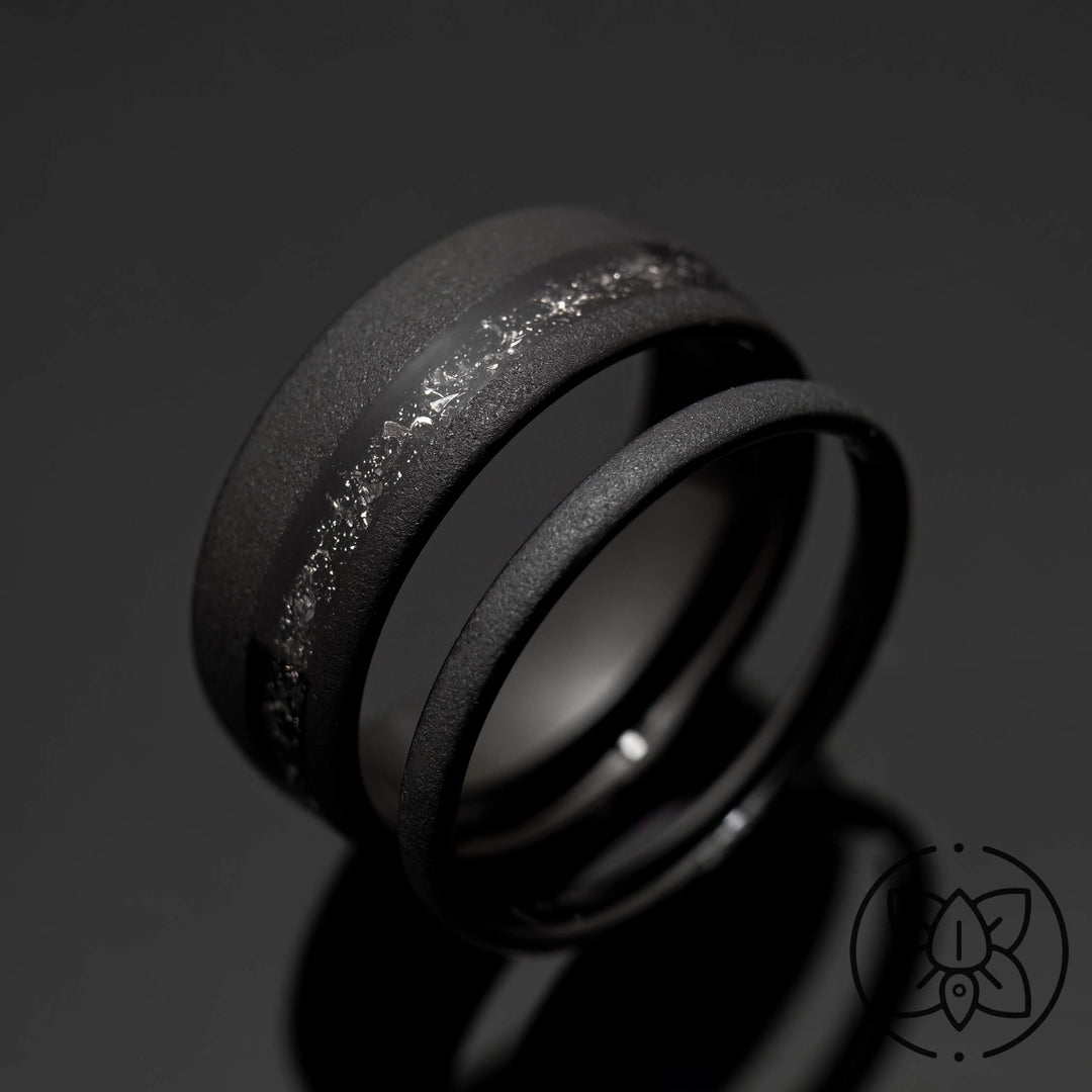 Black Meteorite Sandblasted Wedding Band Set | His and Hers | 2mm/8mm Bands