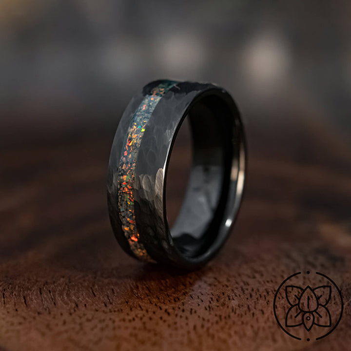 Black Hammered Obsidian-style Bello Opal Wedding Ring - in 8mm Width