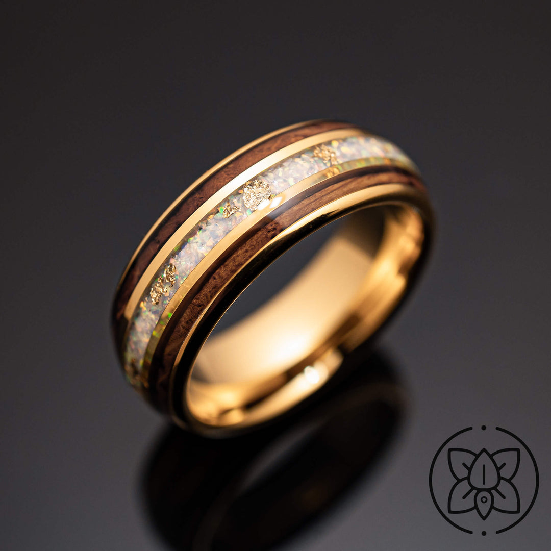 18k Gold Leaf White Opal Whiskey Barrel Tungsten Wedding Ring - in 8mm Width
