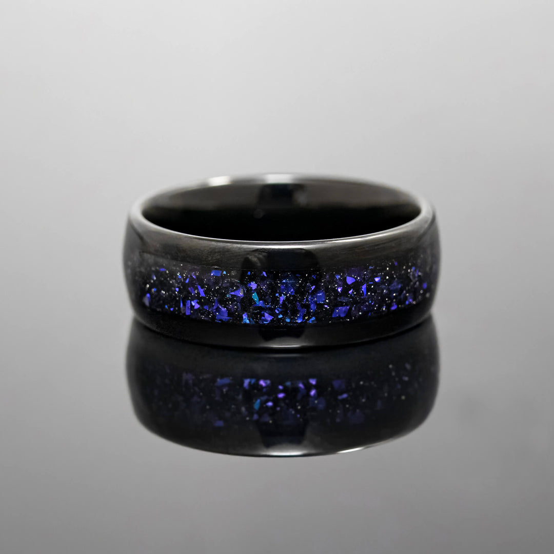 Black POLISHED Orion Nebula Obsidian-style Wedding Ring, blue sandstone - in 8mm Width