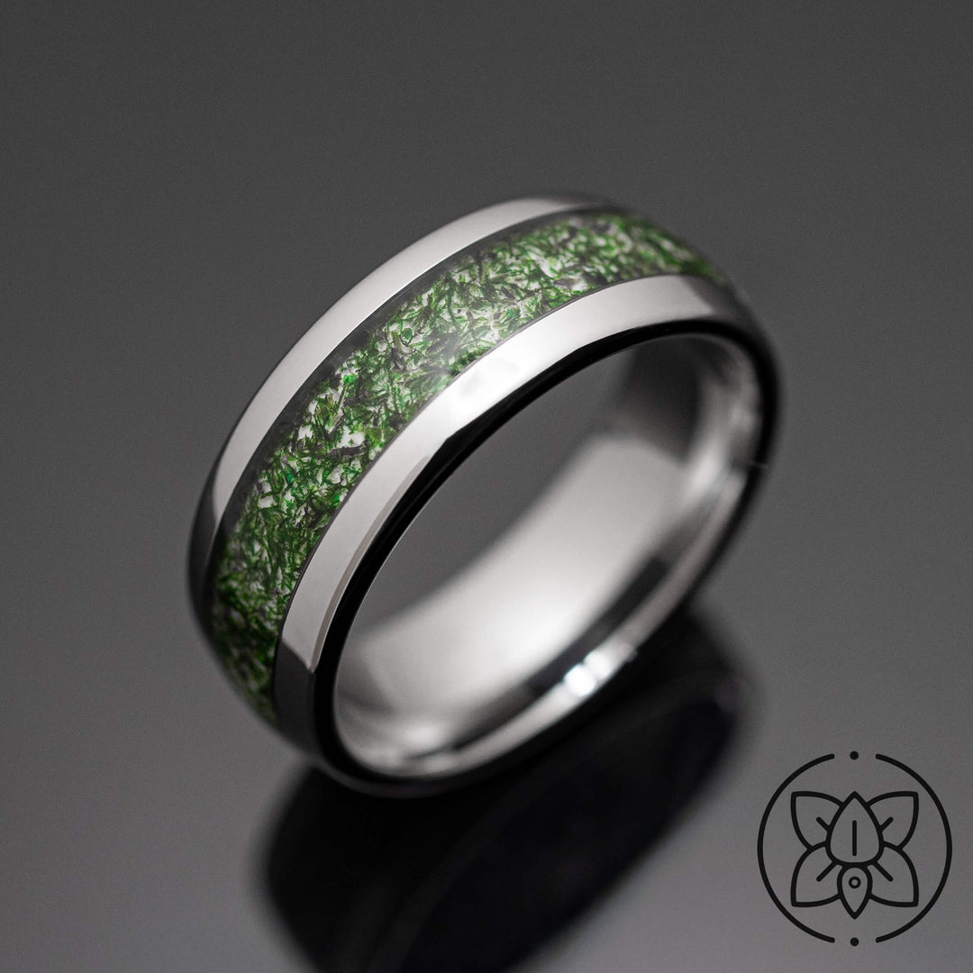 Moss Agate Silver Tungsten Wedding Ring - in 8mm Width