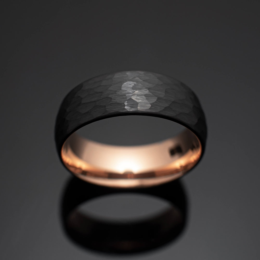 Black Rose Gold Hammered Obsidian-Style Wedding Band Set | His and Hers | 4mm/8mm Bands