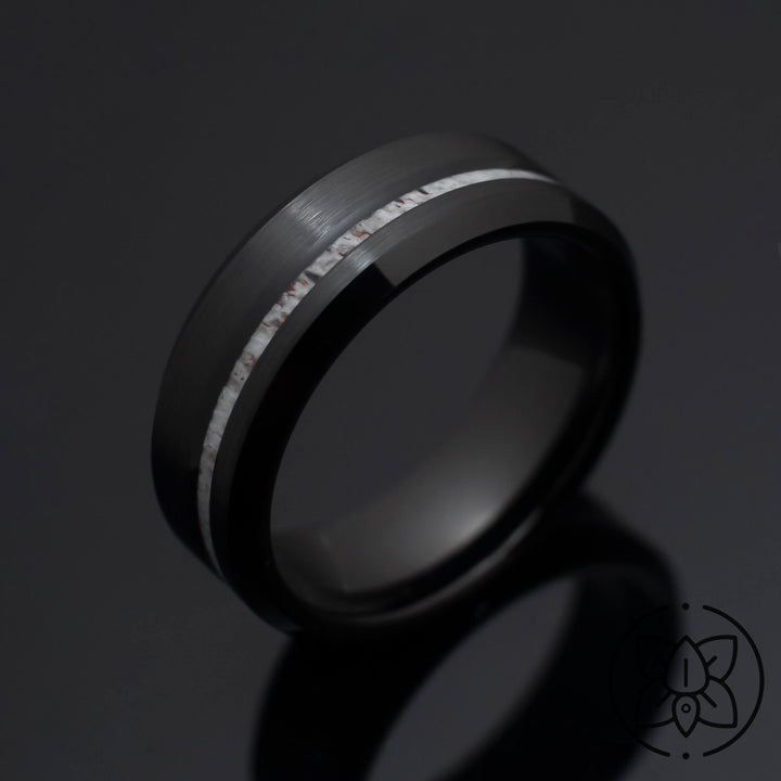 Black Obsidian Antler Tungsten Wedding Band - in 8mm Width