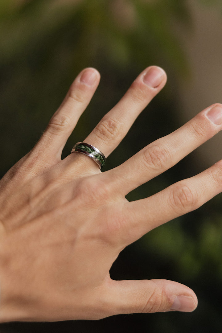 Moss Agate Silver Tungsten Wedding Ring - in 8mm Width