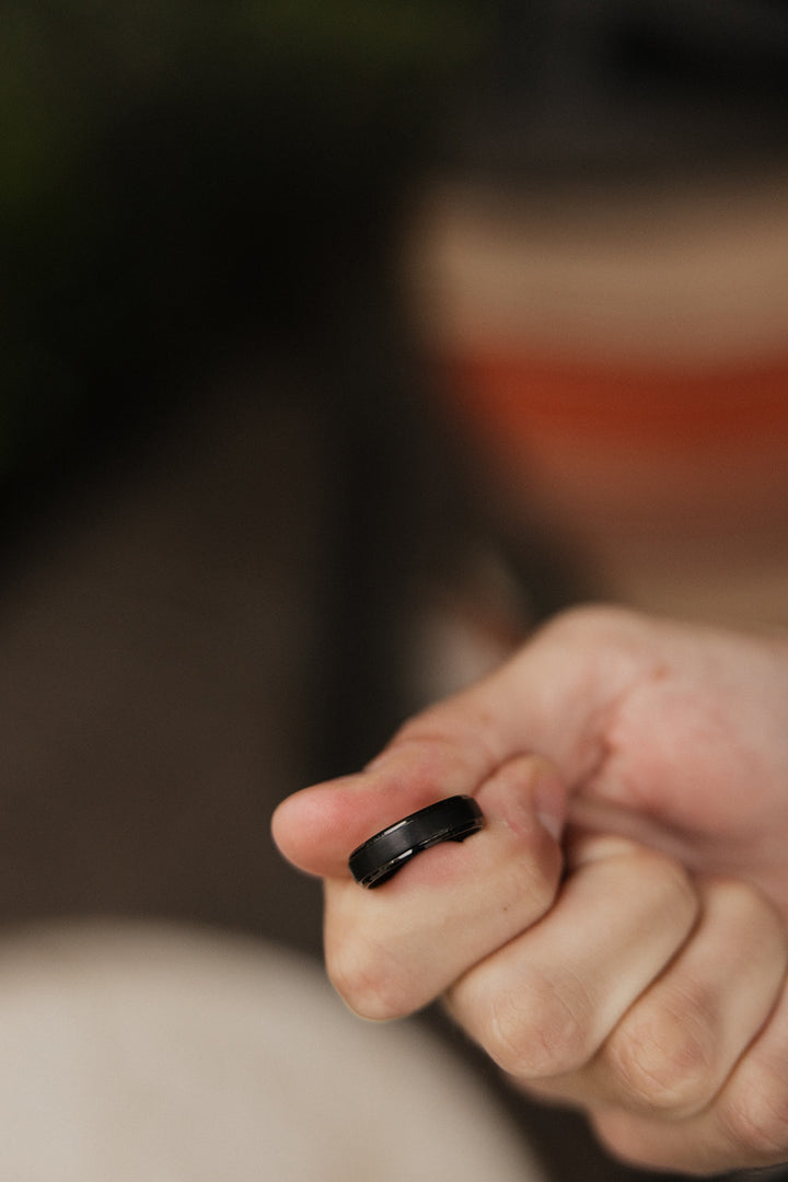 Black Obsidian Style Tungsten Ridged Wedding Ring - in 6mm Width