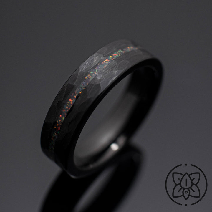 Black Hammered Obsidian-style Wedding Ring, Bello opal - in 6mm Width