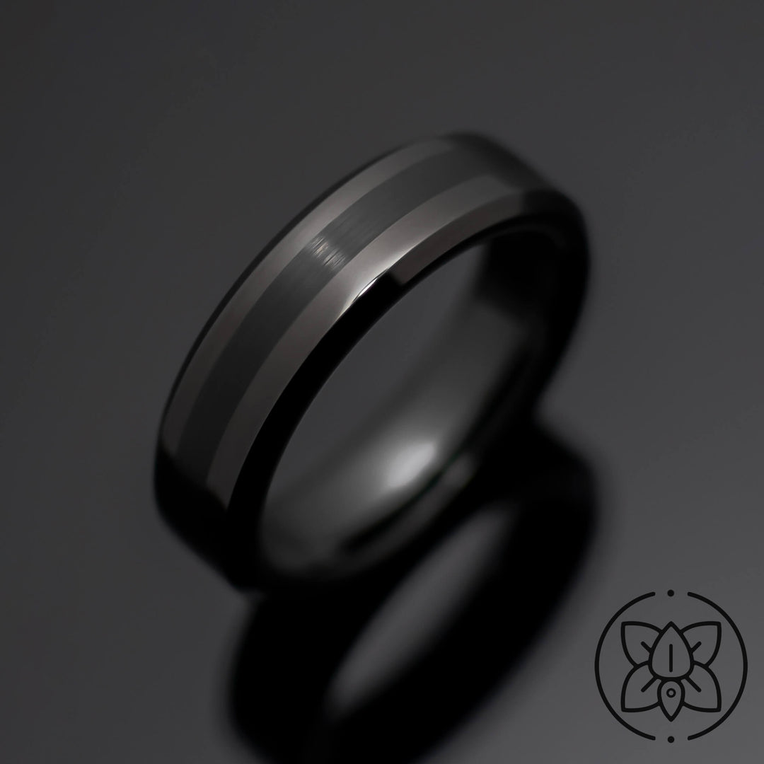 Black Obsidian Center Brush Tungsten Wedding Band - in 6mm Width