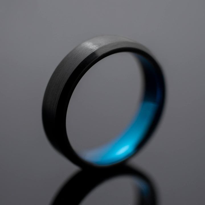 Black Obsidian Brushed Tungsten Wedding Band with Blue Inlay | His and Hers | 2mm/6mm Bands