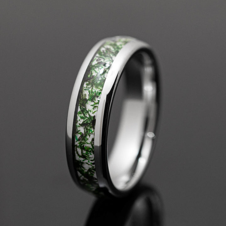 Moss Agate Silver Tungsten Wedding Ring - in 6mm Width