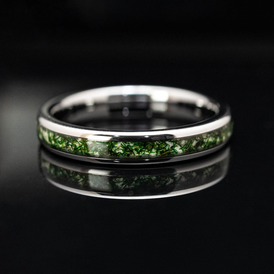 Moss Agate Silver Tungsten Wedding Ring in 4mm Width