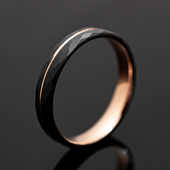 Black Hammered Rose Gold Obsidian Tungsten Wedding Band - in 4mm Width