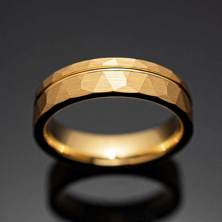 Gold Hammered Strip Wedding Ring - in 6mm Width