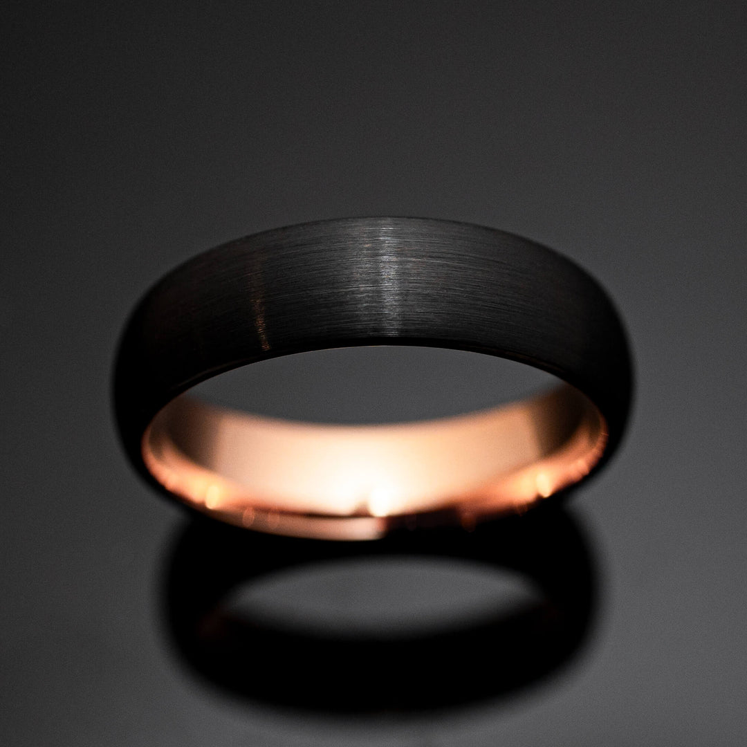 Black Brushed with Rose Gold Inlay Tungsten Wedding Ring - in 6mm Width