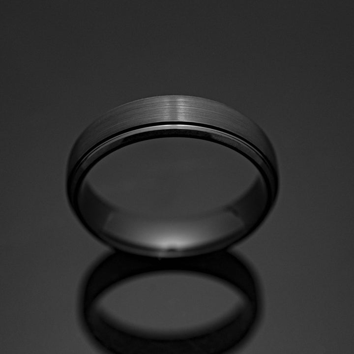 Black Obsidian Style Tungsten Ridged Wedding Ring - in 6mm Width