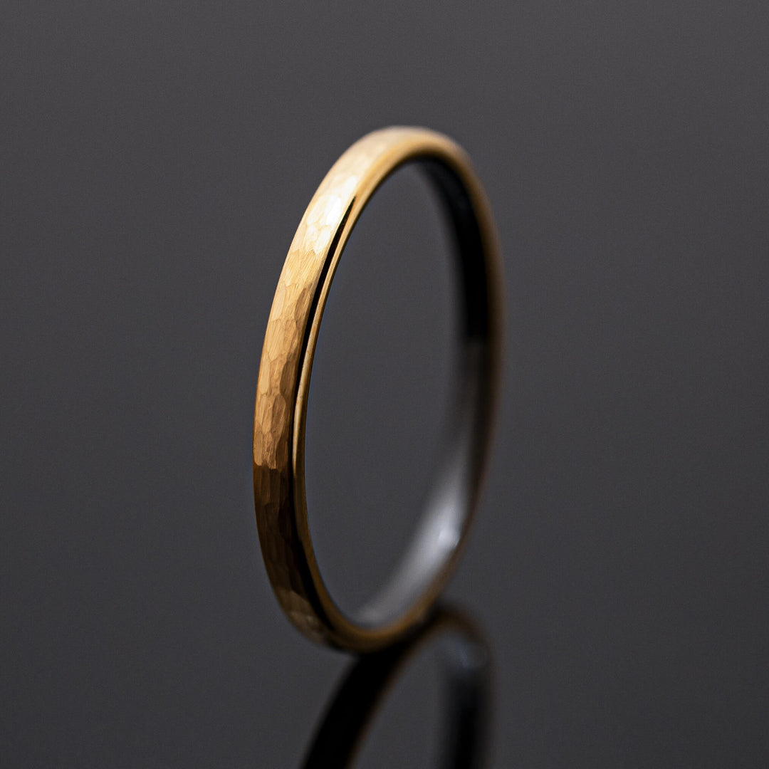 Hammered Brushed Yellow Gold Tungsten Band with Black inlay - in 2mm Width