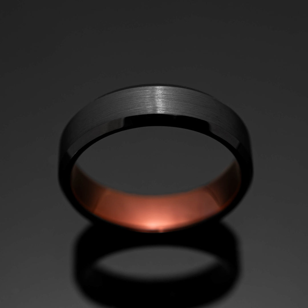Black Obsidian Brushed Tungsten Wedding Band with Red Inlay - in 6mm Width