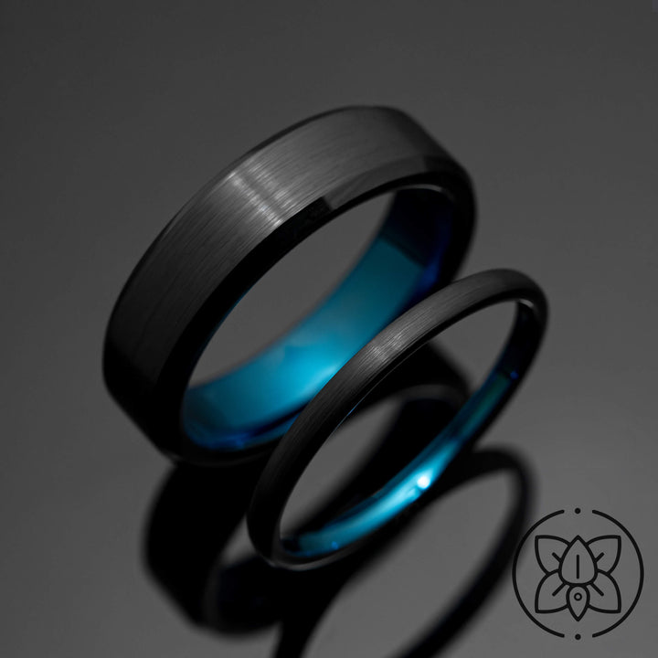 Black Obsidian Brushed Tungsten Wedding Band with Blue Inlay | His and Hers | 2mm/6mm Bands