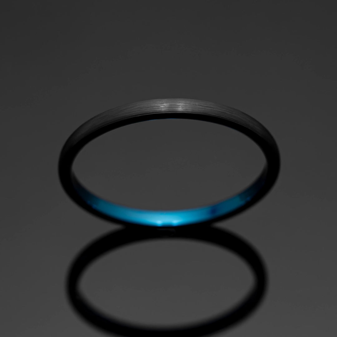 Black Obsidian Brushed with Blue Inlay Tungsten Ring - in 2mm Width