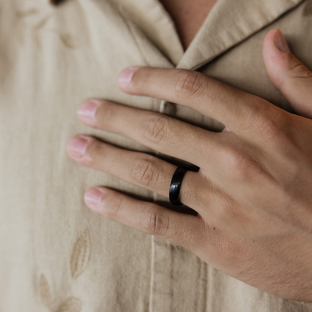 Hammered Black Rose Gold Obsidian Tungsten Carbide Wedding Band in 6mm Width